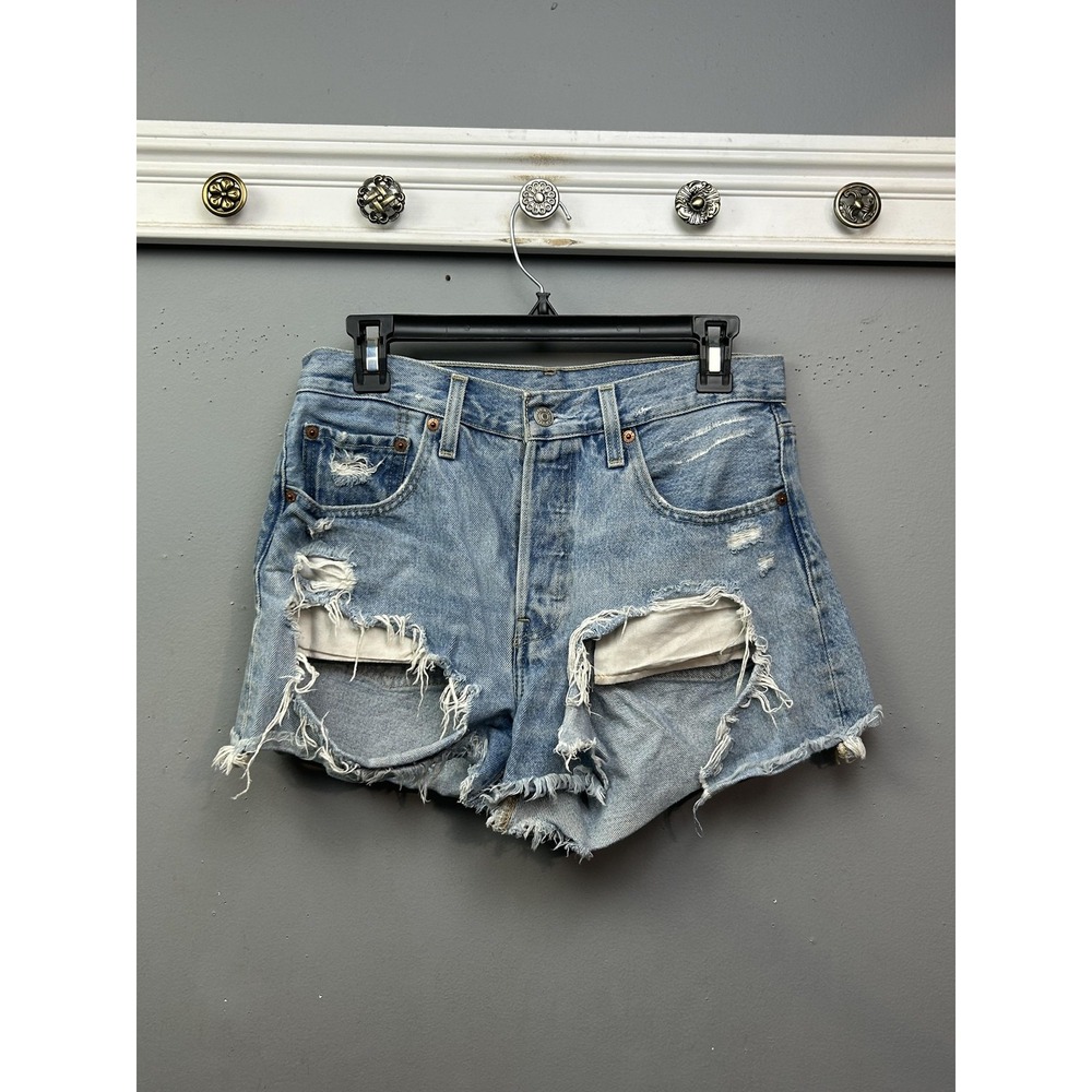 Levi's Premium Shorts Womens 27 Blue Denim High Rise Distressed Cutoff Raw‎ Hem